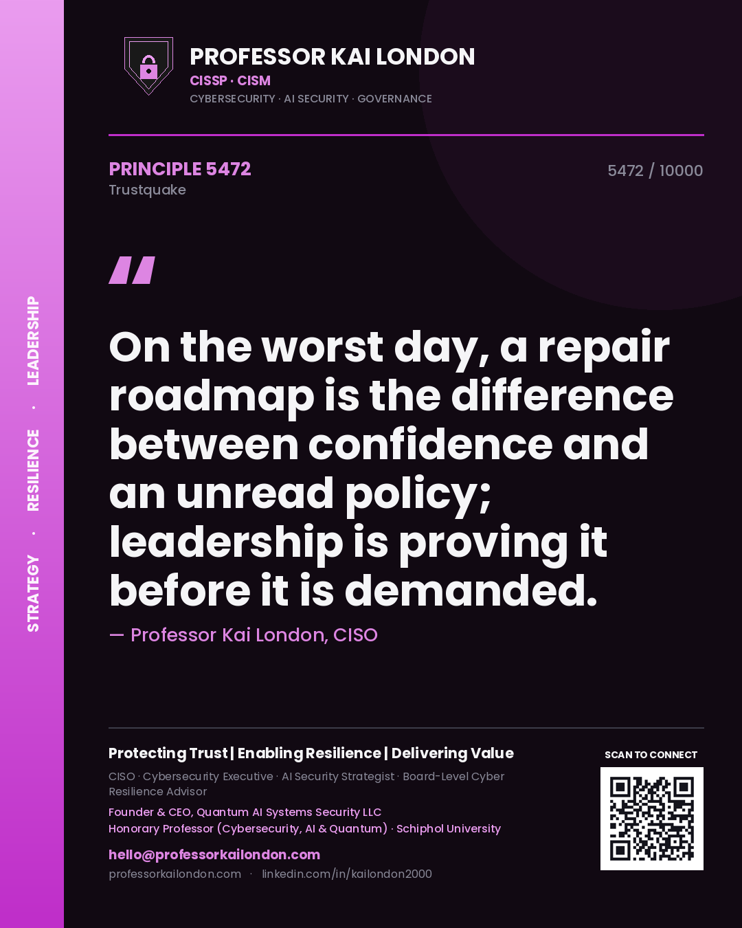 Professor Kai London principle 5472: On the worst day, a repair roadmap is the difference between confidence and an unread policy; leadership is proving it before it is demanded.