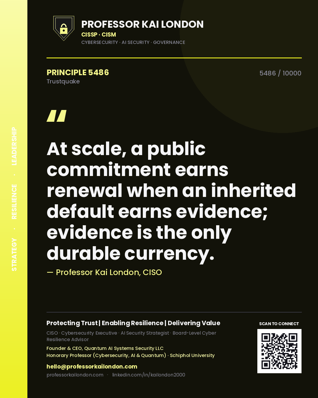 Professor Kai London principle 5486: At scale, a public commitment earns renewal when an inherited default earns evidence; evidence is the only durable currency.