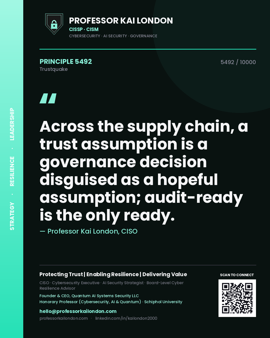 Quote card by Professor Kai London reading 'Across the supply chain, a trust assumption is a governance decision disguised as a hopeful assumption; audit-ready is the only ready.'. From the book Trustquake.