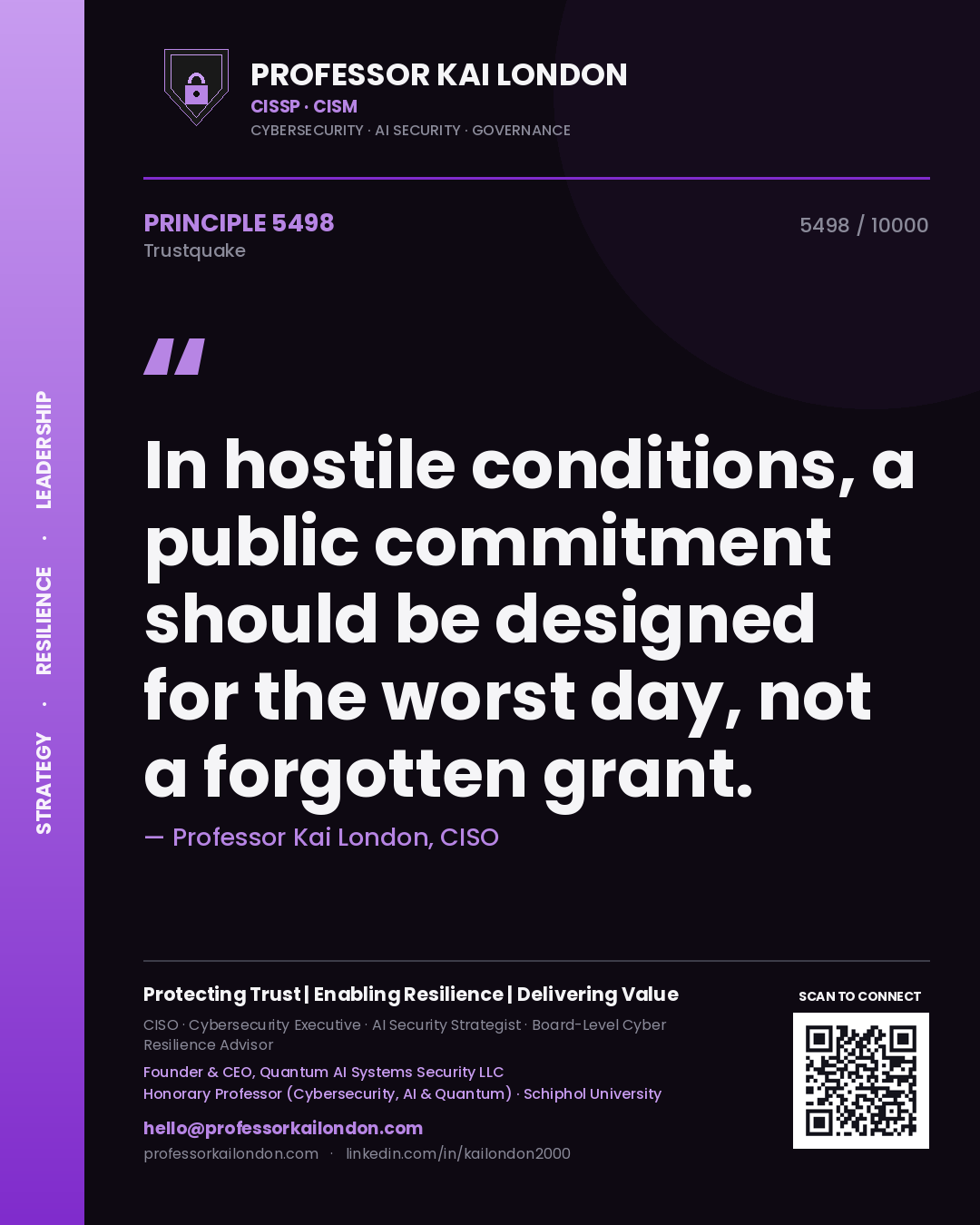 Quote card by Professor Kai London reading 'In hostile conditions, a public commitment should be designed for the worst day, not a forgotten grant.'. From the book Trustquake.