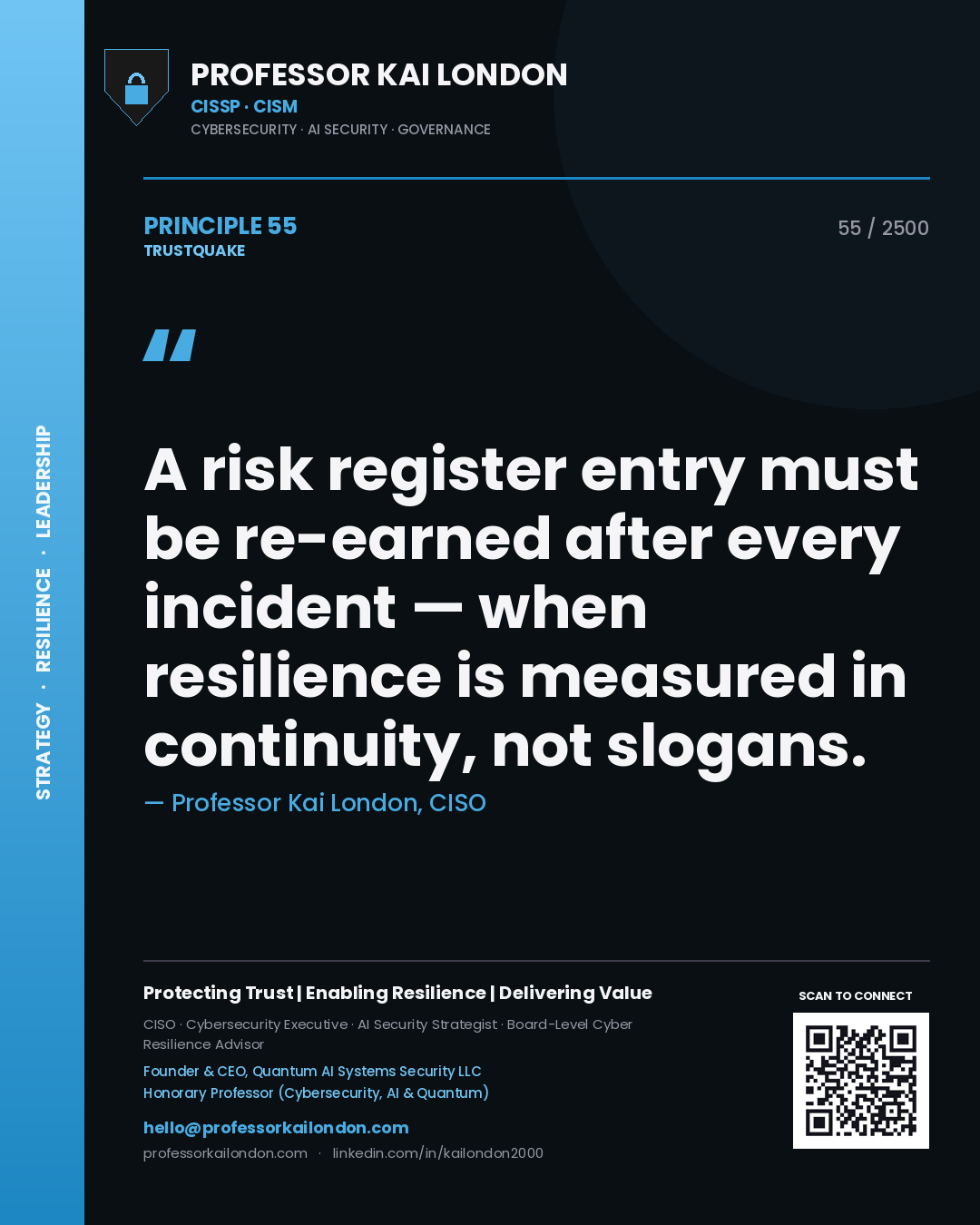 Professor Kai London principle 55: A risk register entry must be re-earned after every incident — when resilience is measured in continuity, not slogans.