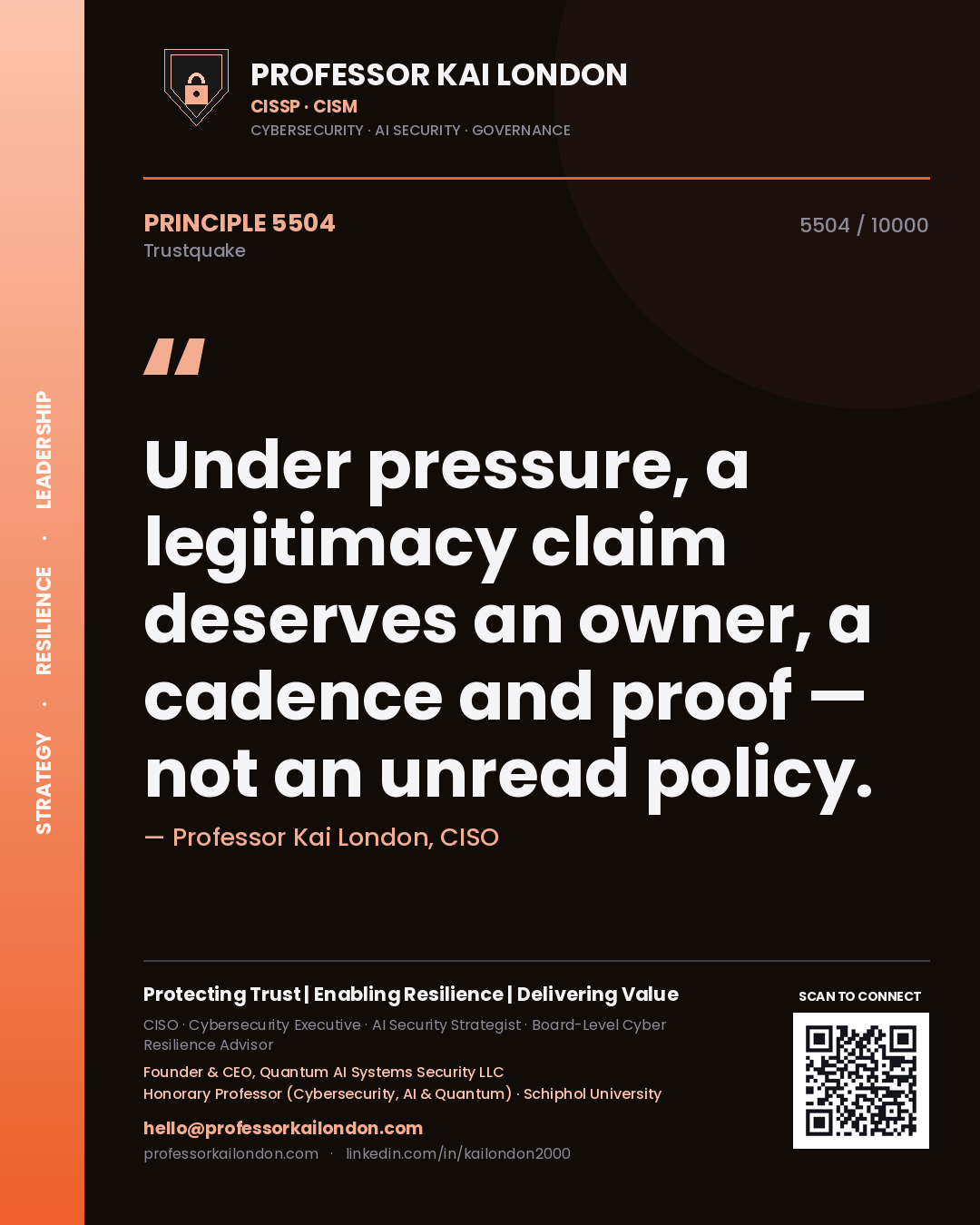 Professor Kai London principle 5504: Under pressure, a legitimacy claim deserves an owner, a cadence and proof — not an unread policy.