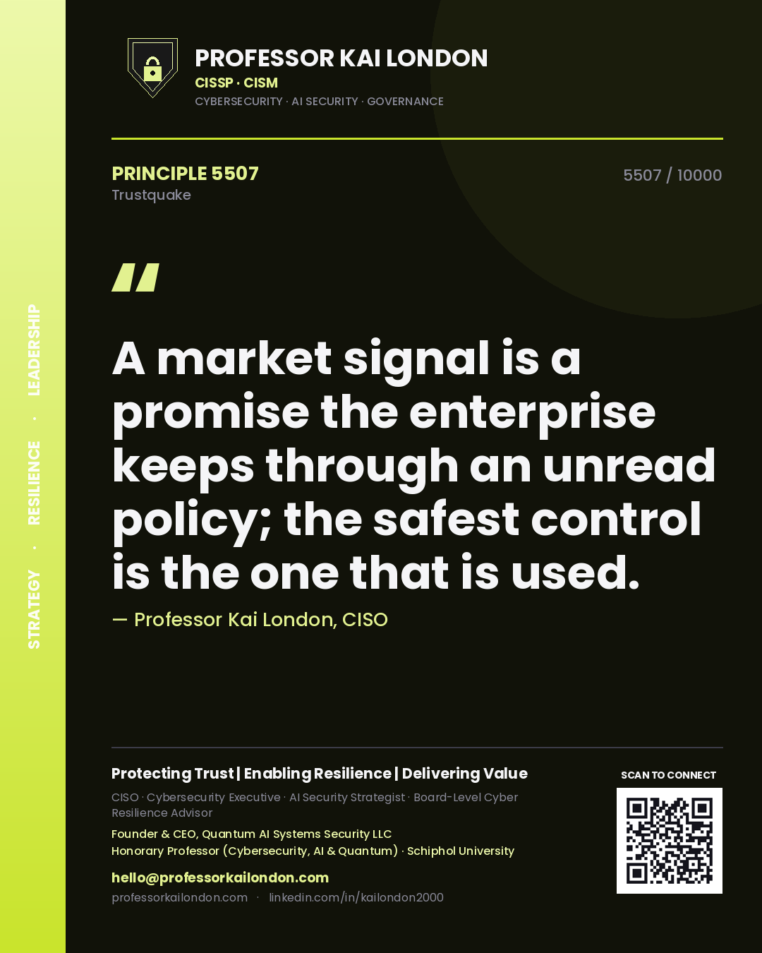Professor Kai London principle 5507: A market signal is a promise the enterprise keeps through an unread policy; the safest control is the one that is used.