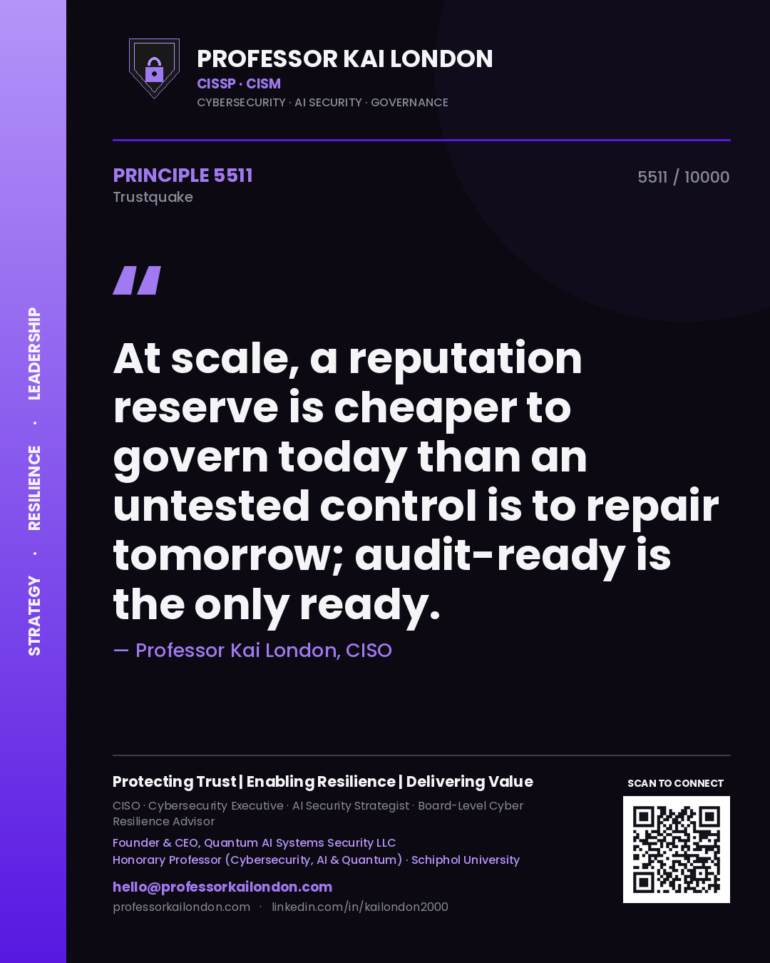Professor Kai London principle 5511: At scale, a reputation reserve is cheaper to govern today than an untested control is to repair tomorrow; audit-ready is the only ready.