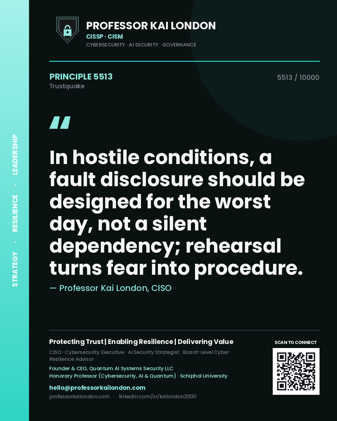 Professor Kai London principle 5513: In hostile conditions, a fault disclosure should be designed for the worst day, not a silent dependency; rehearsal turns fear into procedure.