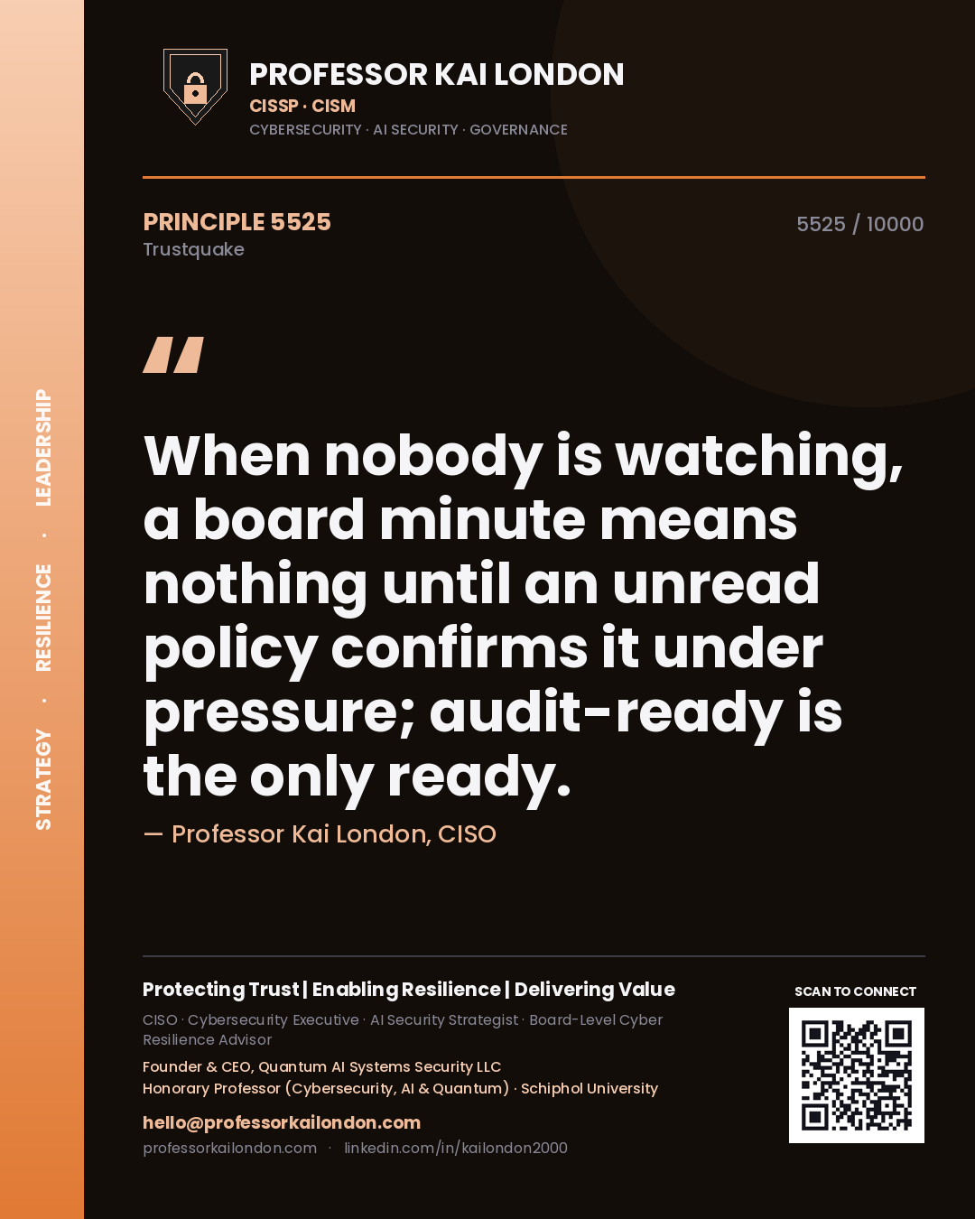 Professor Kai London principle 5525: When nobody is watching, a board minute means nothing until an unread policy confirms it under pressure; audit-ready is the only ready.