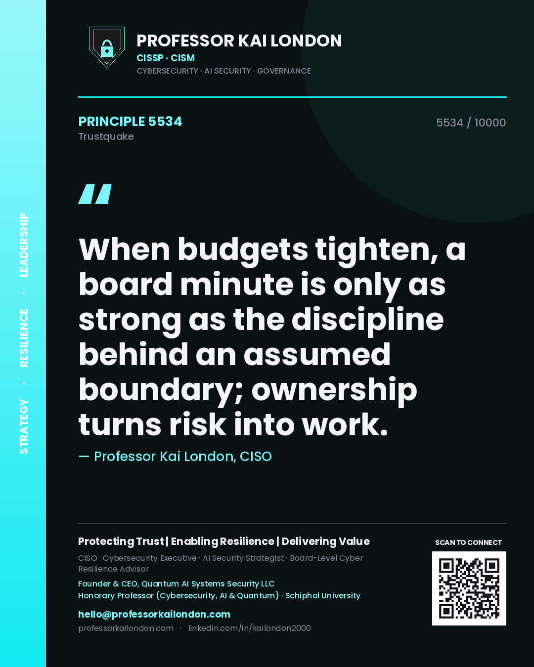Professor Kai London principle 5534: When budgets tighten, a board minute is only as strong as the discipline behind an assumed boundary; ownership turns risk into work.