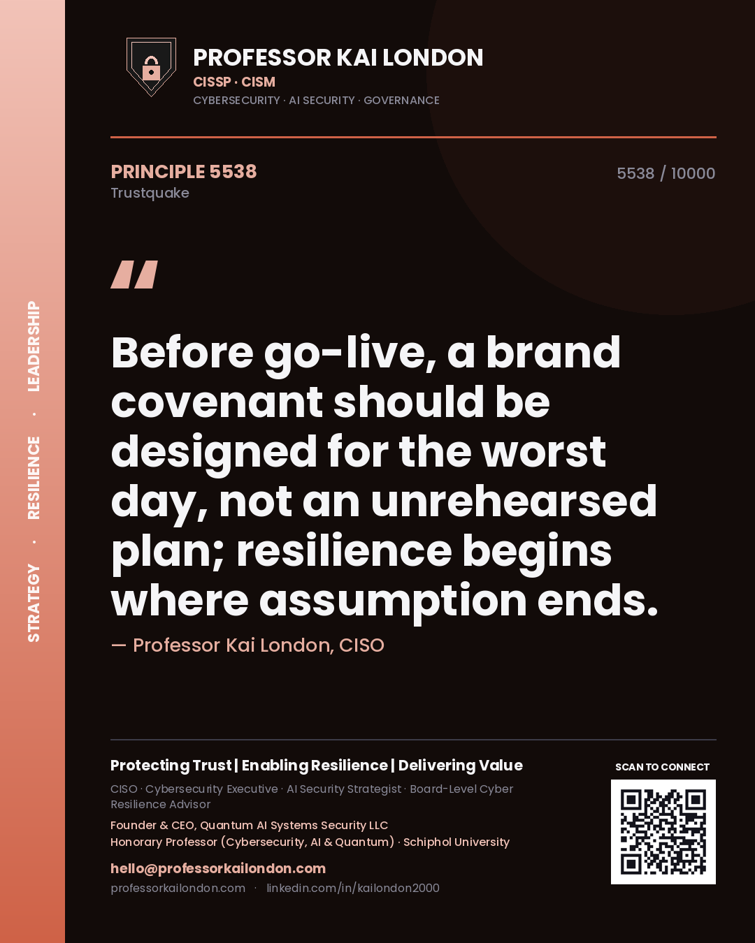 Professor Kai London principle 5538: Before go-live, a brand covenant should be designed for the worst day, not an unrehearsed plan; resilience begins where assumption ends.