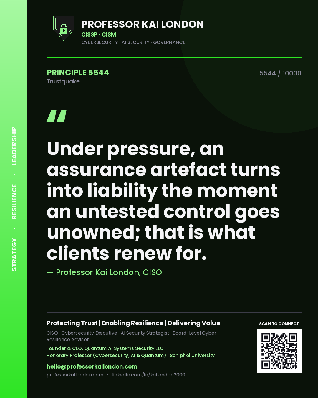 Professor Kai London principle 5544: Under pressure, an assurance artefact turns into liability the moment an untested control goes unowned; that is what clients renew for.