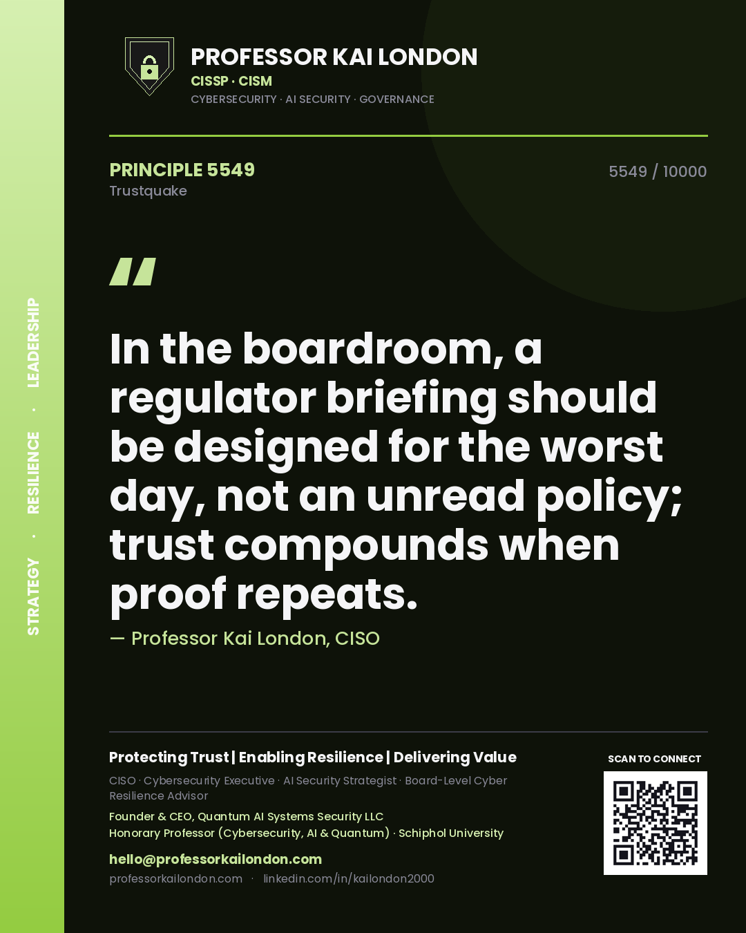 Quote card by Professor Kai London reading 'In the boardroom, a regulator briefing should be designed for the worst day, not an unread policy; trust compounds when proof repeats.'. From the book Trustquake.