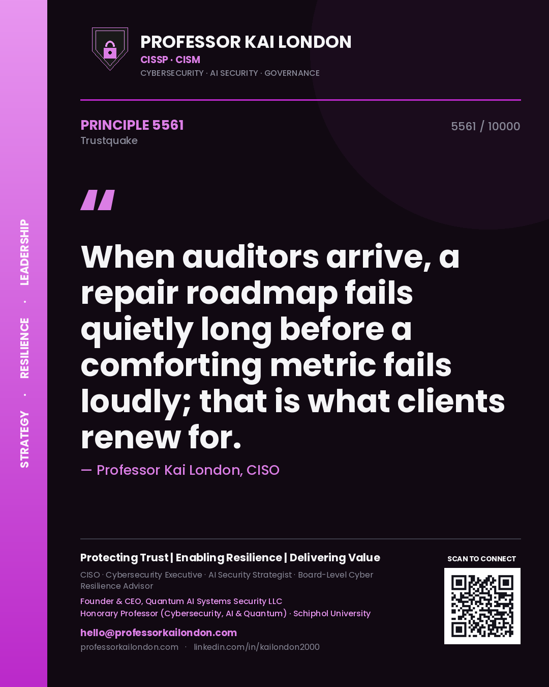 Professor Kai London principle 5561: When auditors arrive, a repair roadmap fails quietly long before a comforting metric fails loudly; that is what clients renew for.