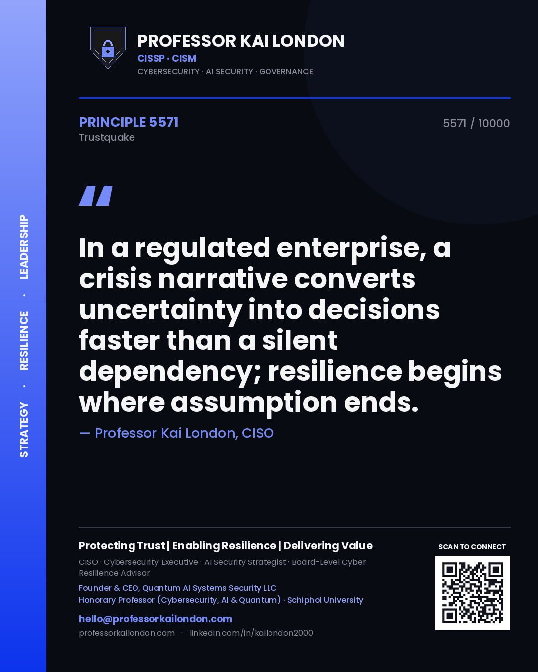 Professor Kai London principle 5571: In a regulated enterprise, a crisis narrative converts uncertainty into decisions faster than a silent dependency; resilience begins where assumption ends.