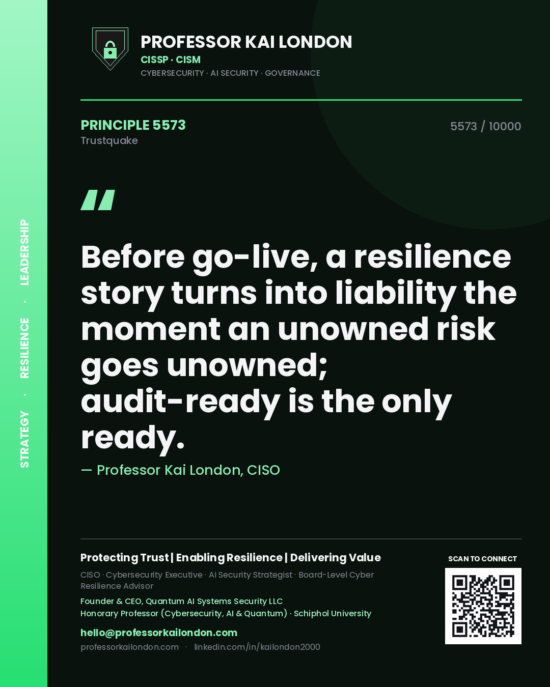 Professor Kai London principle 5573: Before go-live, a resilience story turns into liability the moment an unowned risk goes unowned; audit-ready is the only ready.