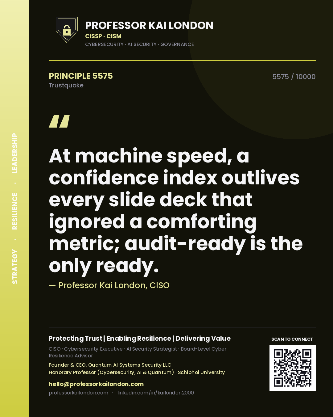 Professor Kai London principle 5575: At machine speed, a confidence index outlives every slide deck that ignored a comforting metric; audit-ready is the only ready.
