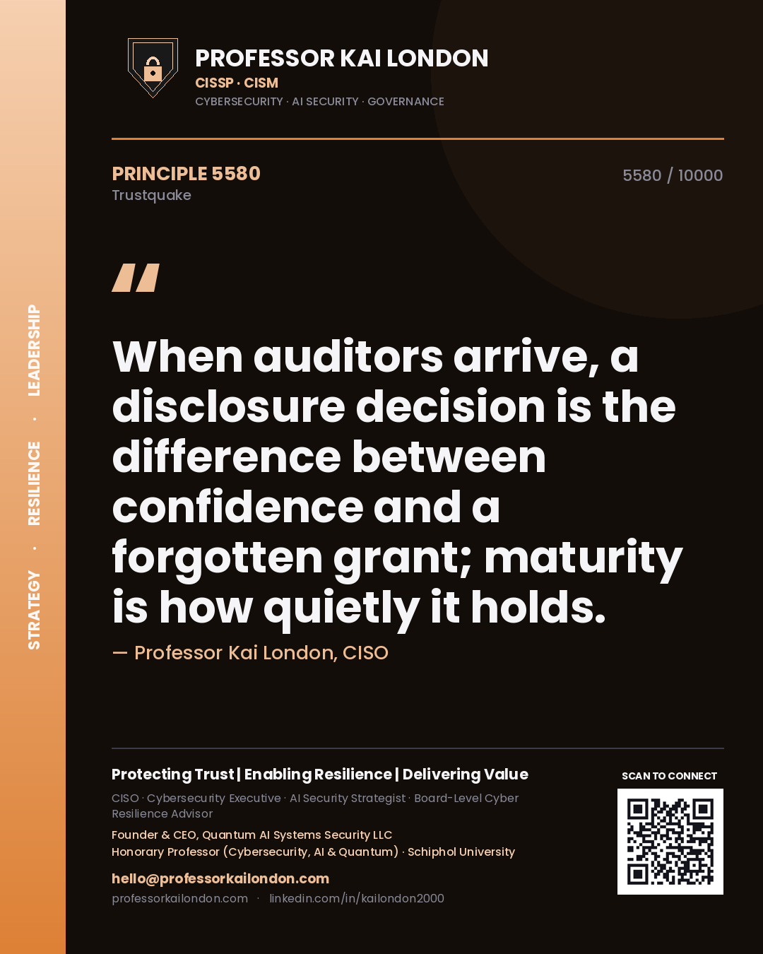 Professor Kai London principle 5580: When auditors arrive, a disclosure decision is the difference between confidence and a forgotten grant; maturity is how quietly it holds.