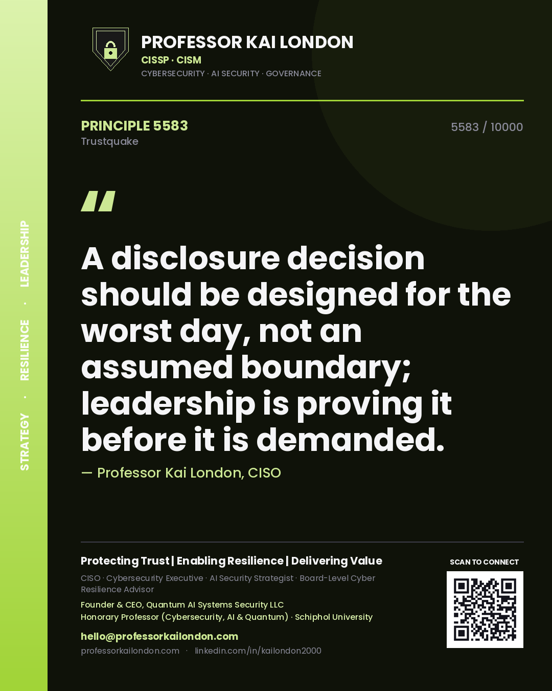 Professor Kai London principle 5583: A disclosure decision should be designed for the worst day, not an assumed boundary; leadership is proving it before it is demanded.