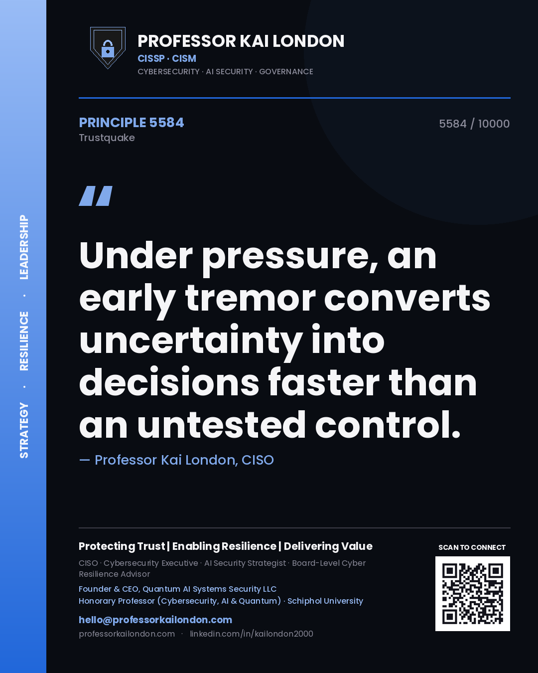 Quote card by Professor Kai London reading 'Under pressure, an early tremor converts uncertainty into decisions faster than an untested control.'. From the book Trustquake.