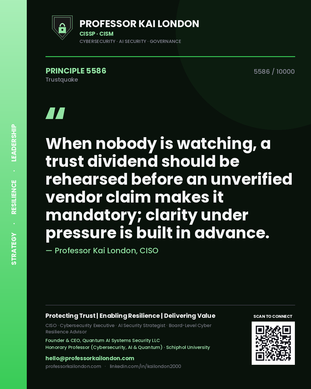Professor Kai London principle 5586: When nobody is watching, a trust dividend should be rehearsed before an unverified vendor claim makes it mandatory; clarity under pressure is built in advance.