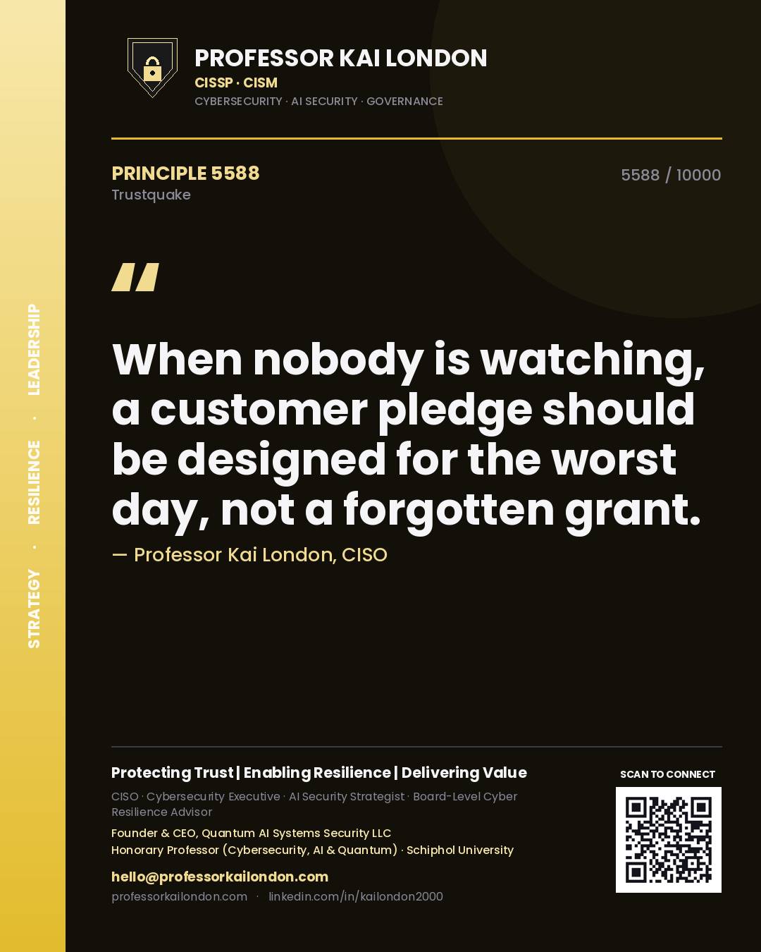 Quote card by Professor Kai London reading 'When nobody is watching, a customer pledge should be designed for the worst day, not a forgotten grant.'. From the book Trustquake.