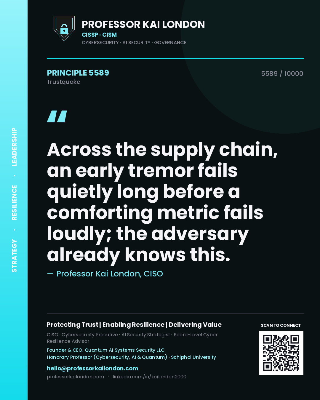 Professor Kai London principle 5589: Across the supply chain, an early tremor fails quietly long before a comforting metric fails loudly; the adversary already knows this.