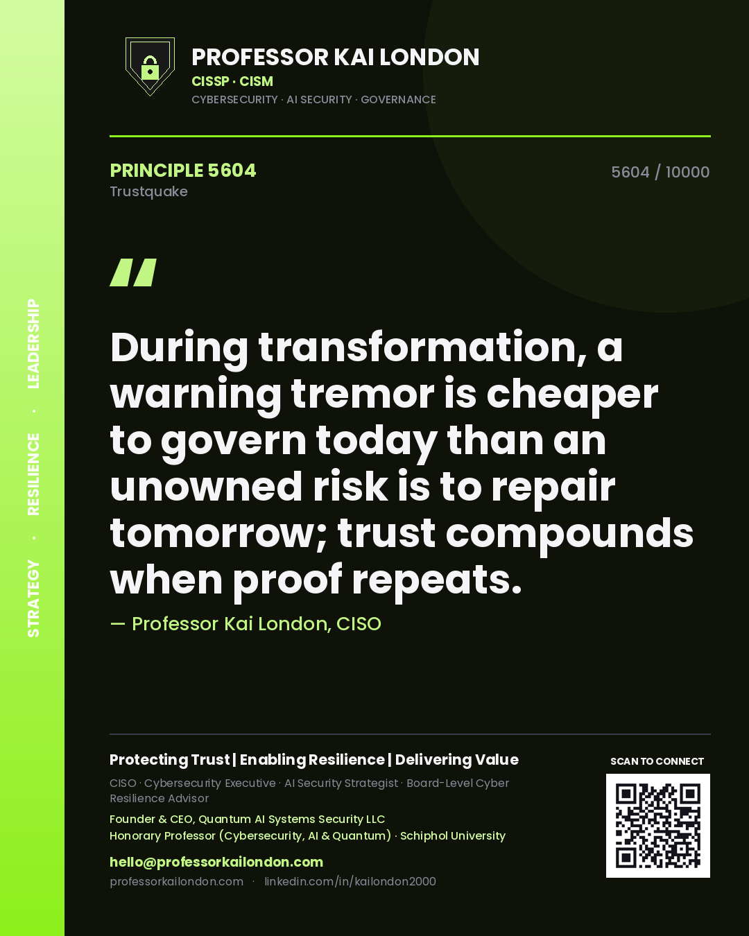 Professor Kai London principle 5604: During transformation, a warning tremor is cheaper to govern today than an unowned risk is to repair tomorrow; trust compounds when proof repeats.