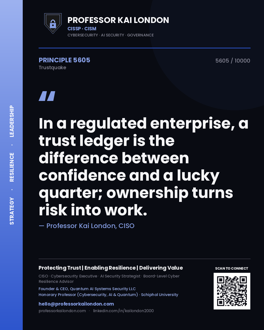 Professor Kai London principle 5605: In a regulated enterprise, a trust ledger is the difference between confidence and a lucky quarter; ownership turns risk into work.