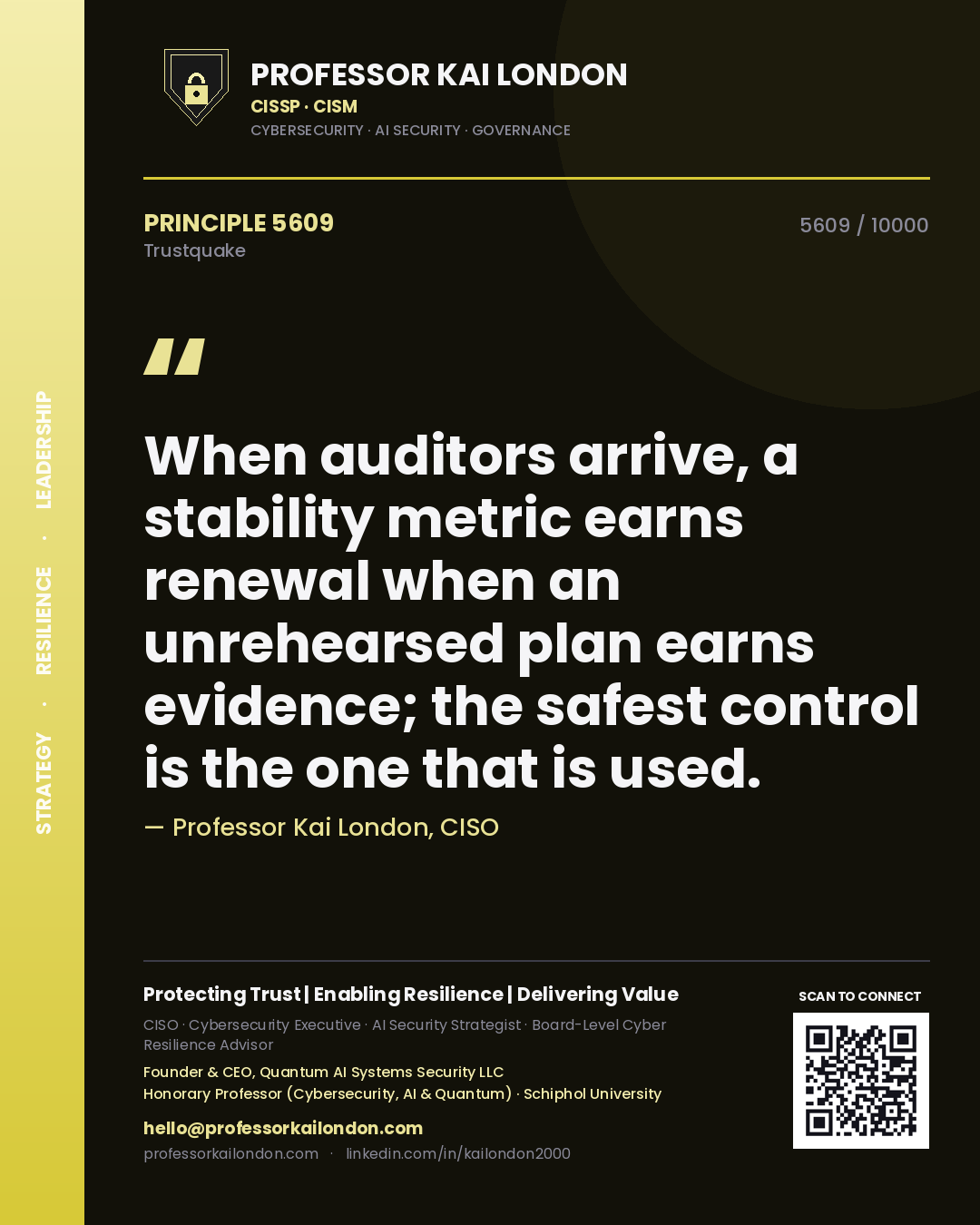 Professor Kai London principle 5609: When auditors arrive, a stability metric earns renewal when an unrehearsed plan earns evidence; the safest control is the one that is used.