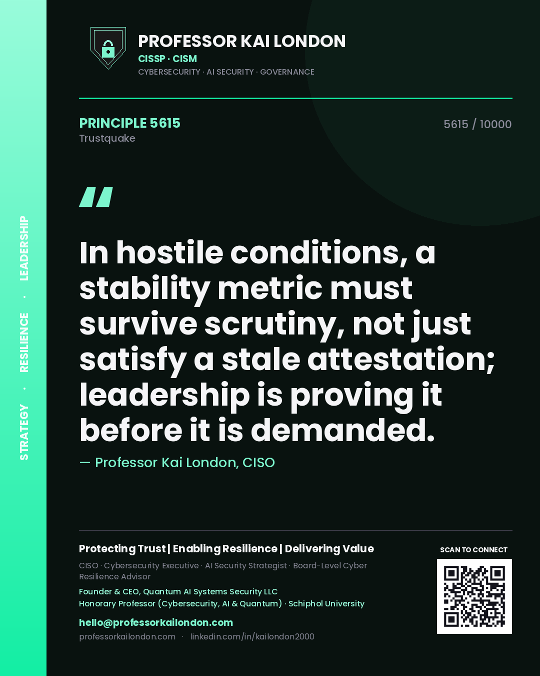 Professor Kai London principle 5615: In hostile conditions, a stability metric must survive scrutiny, not just satisfy a stale attestation; leadership is proving it before it is demanded.