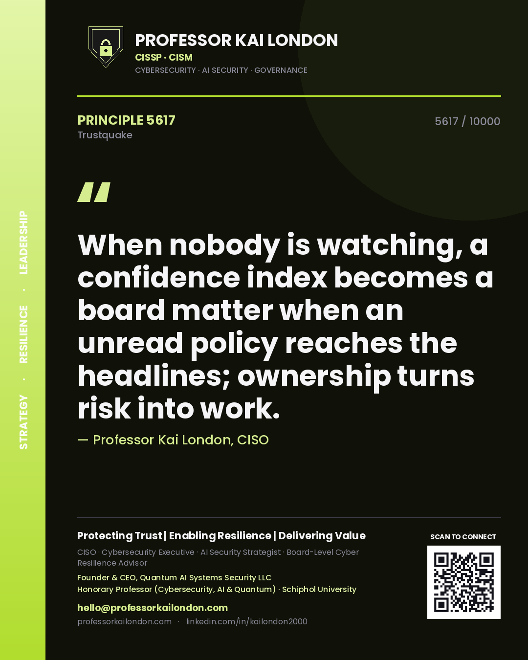Professor Kai London principle 5617: When nobody is watching, a confidence index becomes a board matter when an unread policy reaches the headlines; ownership turns risk into work.