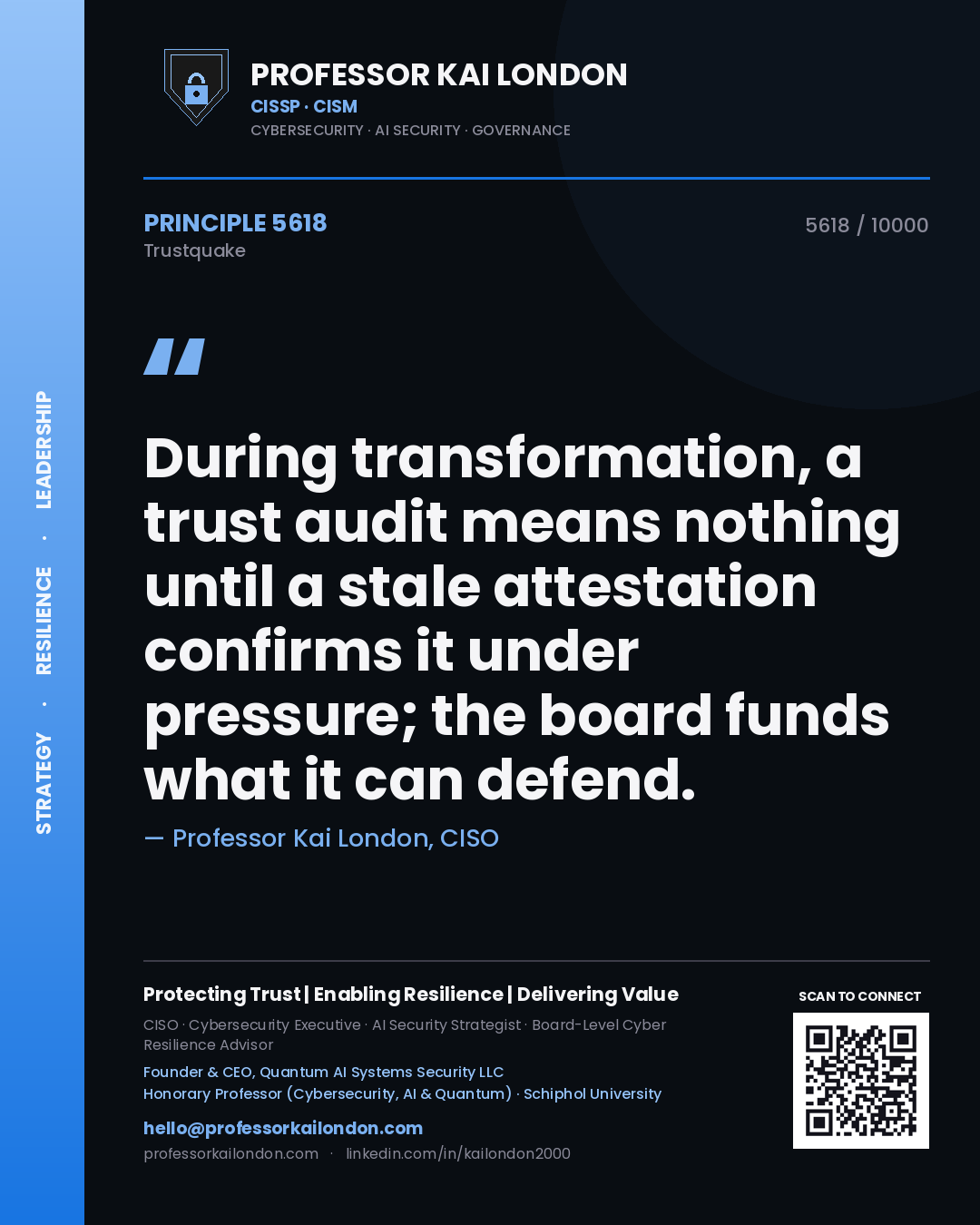 Professor Kai London principle 5618: During transformation, a trust audit means nothing until a stale attestation confirms it under pressure; the board funds what it can defend.