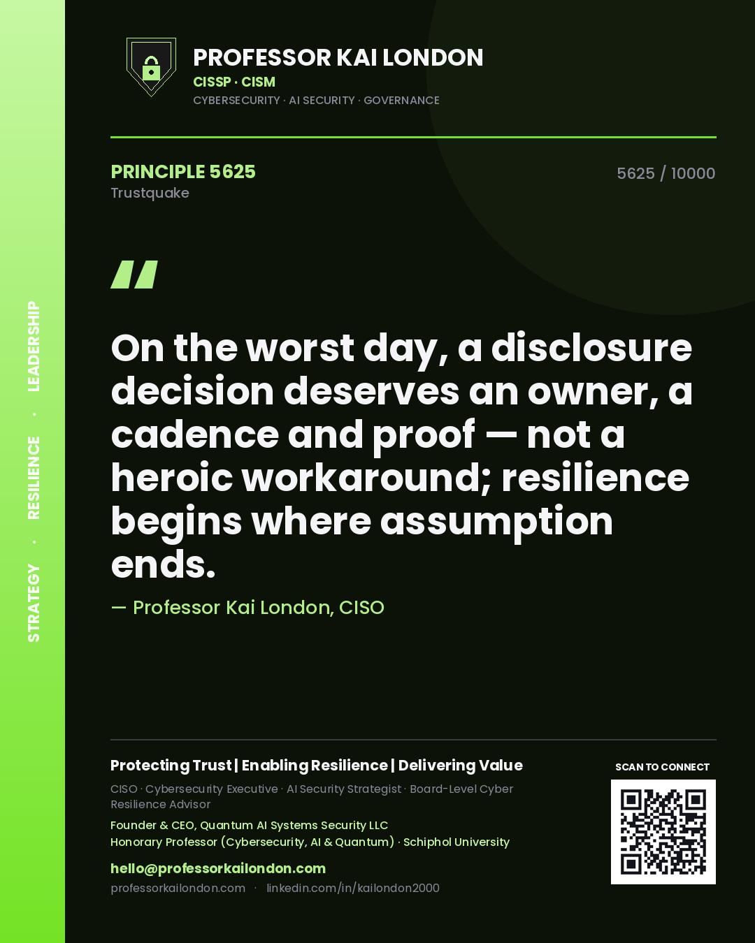 Quote card by Professor Kai London reading 'On the worst day, a disclosure decision deserves an owner, a cadence and proof — not a heroic workaround; resilience begins where assumption ends.'. From the book Trustquake.