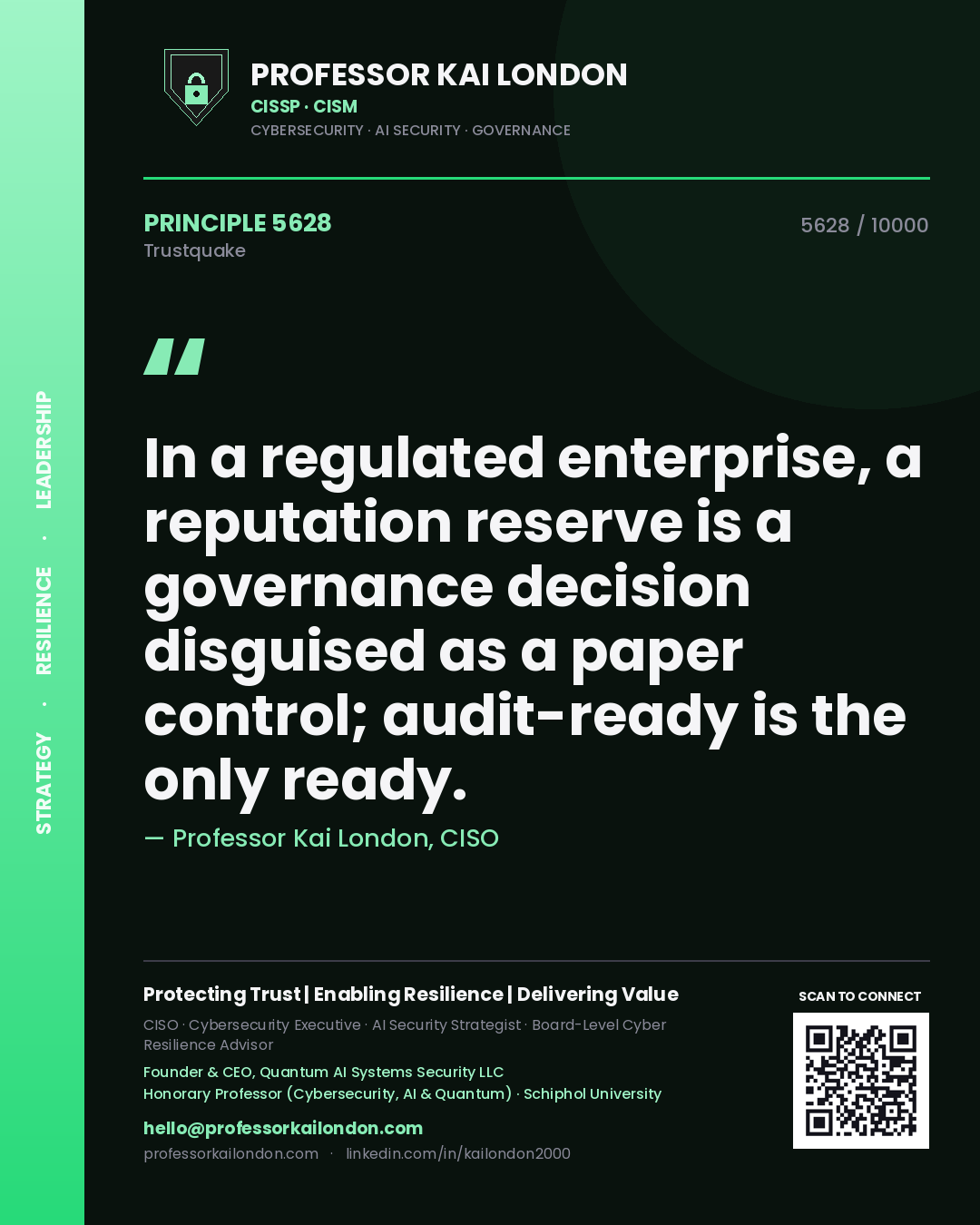 Professor Kai London principle 5628: In a regulated enterprise, a reputation reserve is a governance decision disguised as a paper control; audit-ready is the only ready.