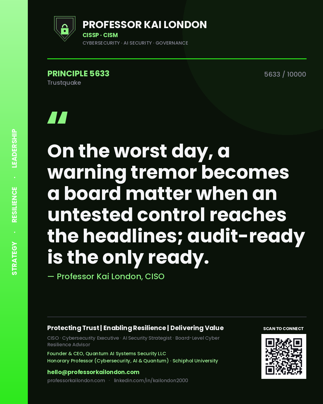 Professor Kai London principle 5633: On the worst day, a warning tremor becomes a board matter when an untested control reaches the headlines; audit-ready is the only ready.