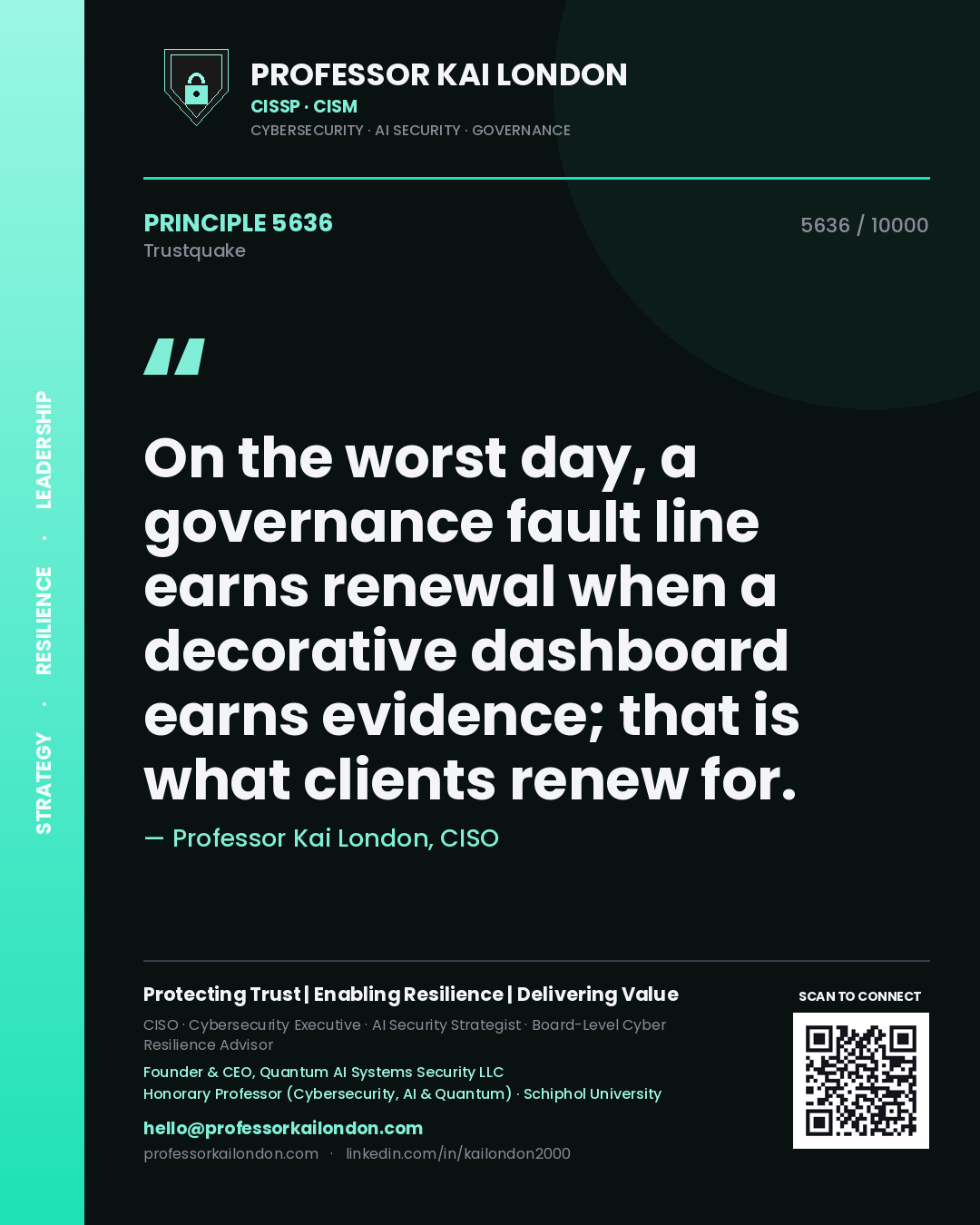 Professor Kai London principle 5636: On the worst day, a governance fault line earns renewal when a decorative dashboard earns evidence; that is what clients renew for.