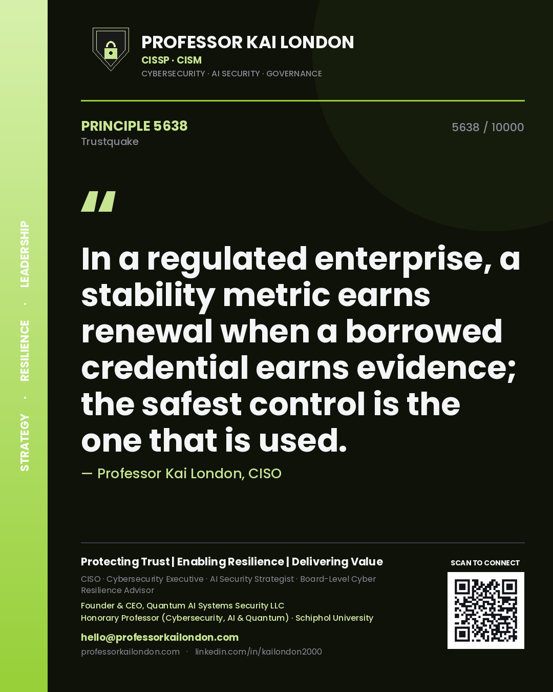 Professor Kai London principle 5638: In a regulated enterprise, a stability metric earns renewal when a borrowed credential earns evidence; the safest control is the one that is used.