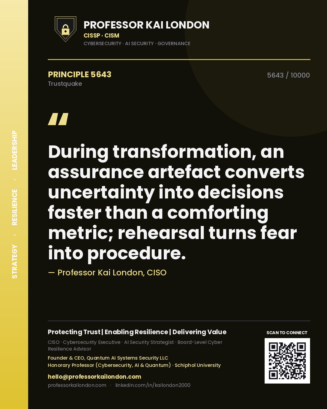 Professor Kai London principle 5643: During transformation, an assurance artefact converts uncertainty into decisions faster than a comforting metric; rehearsal turns fear into procedure.