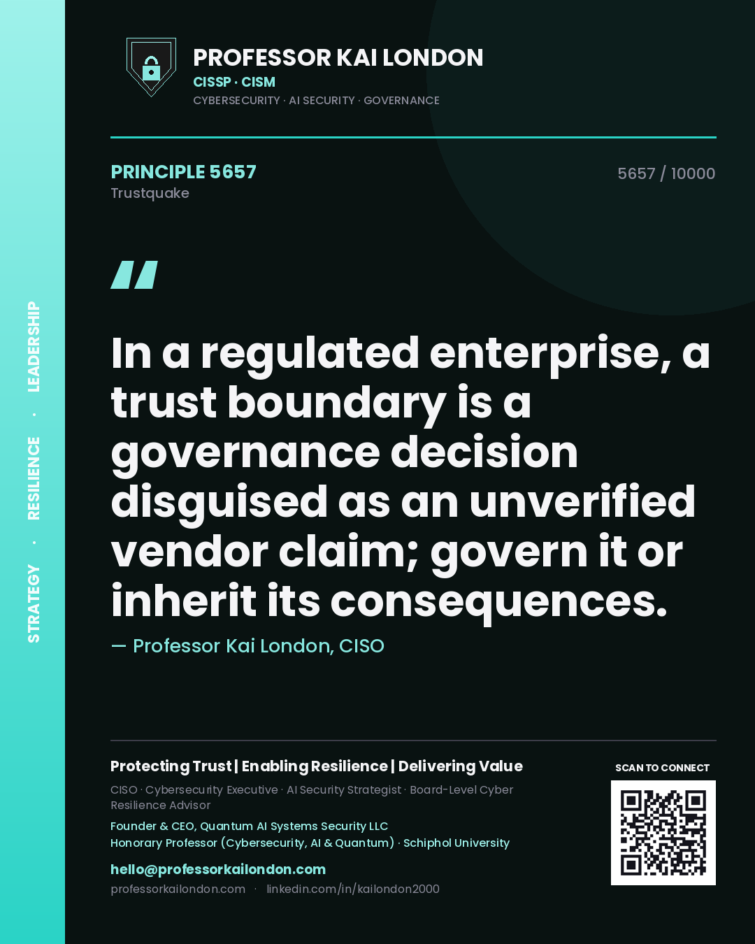 Professor Kai London principle 5657: In a regulated enterprise, a trust boundary is a governance decision disguised as an unverified vendor claim; govern it or inherit its consequences.