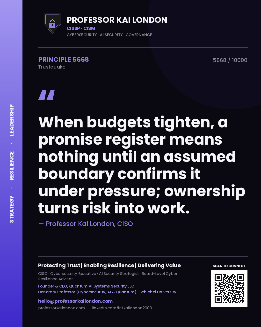 Professor Kai London principle 5668: When budgets tighten, a promise register means nothing until an assumed boundary confirms it under pressure; ownership turns risk into work.