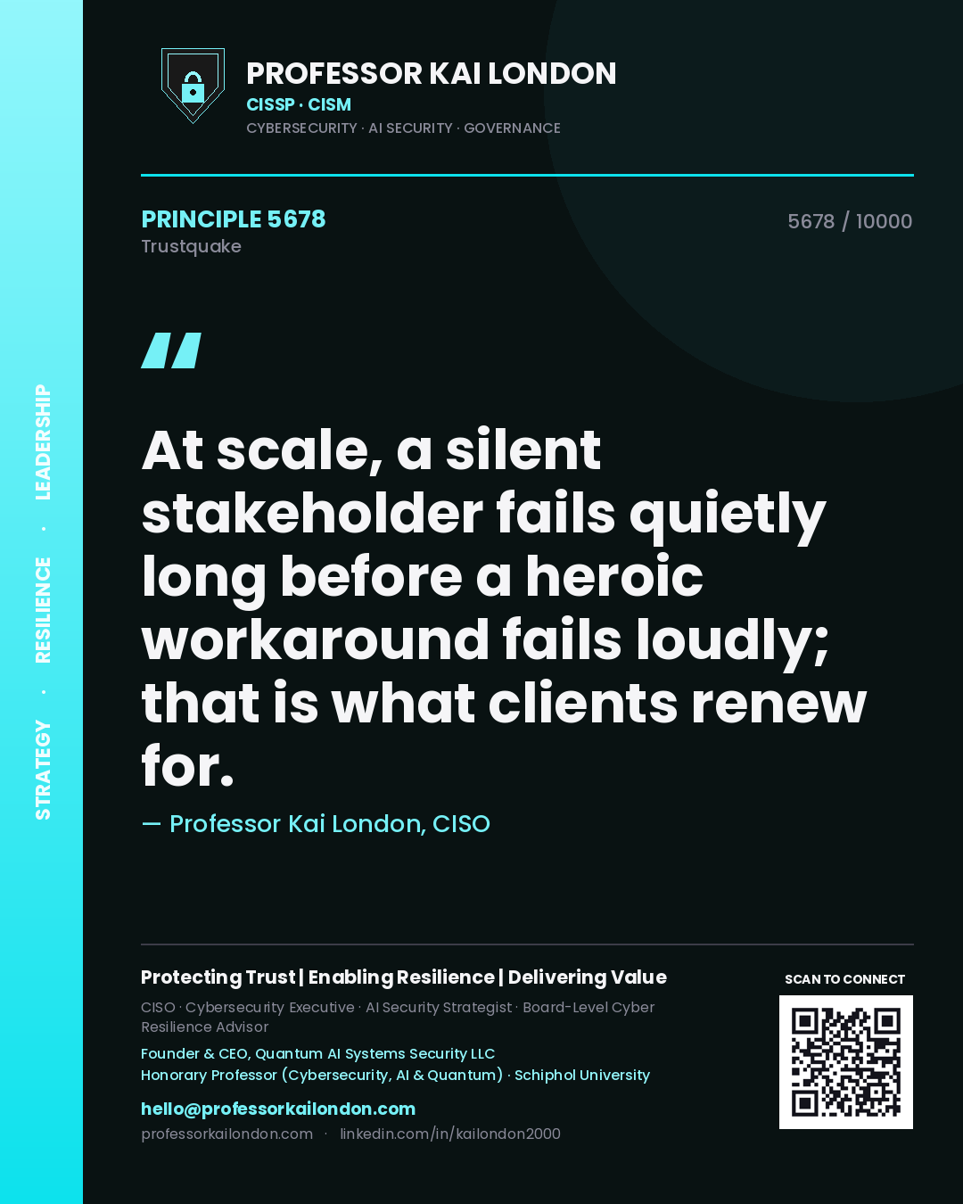 Quote card by Professor Kai London reading 'At scale, a silent stakeholder fails quietly long before a heroic workaround fails loudly; that is what clients renew for.'. From the book Trustquake.