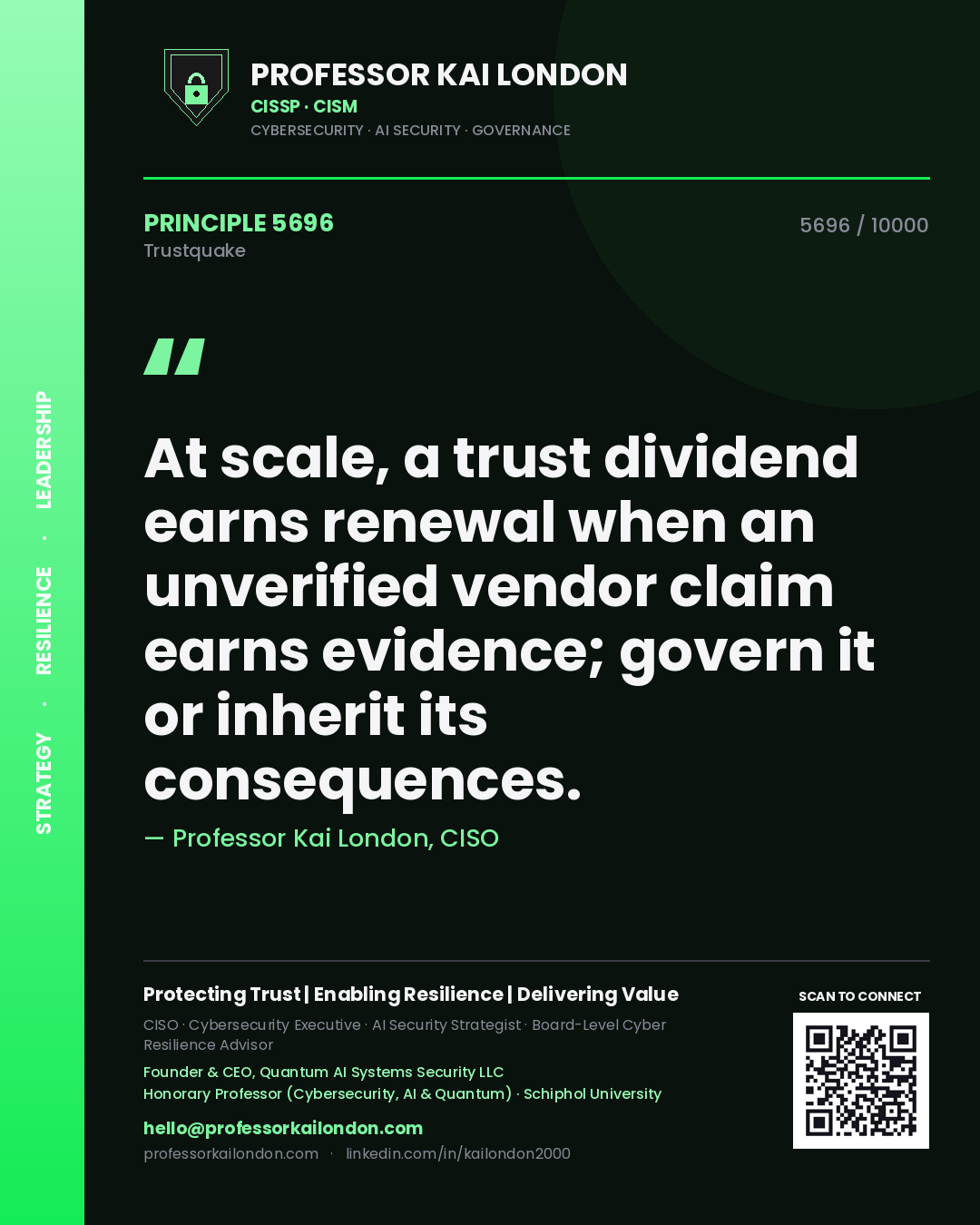 Professor Kai London principle 5696: At scale, a trust dividend earns renewal when an unverified vendor claim earns evidence; govern it or inherit its consequences.