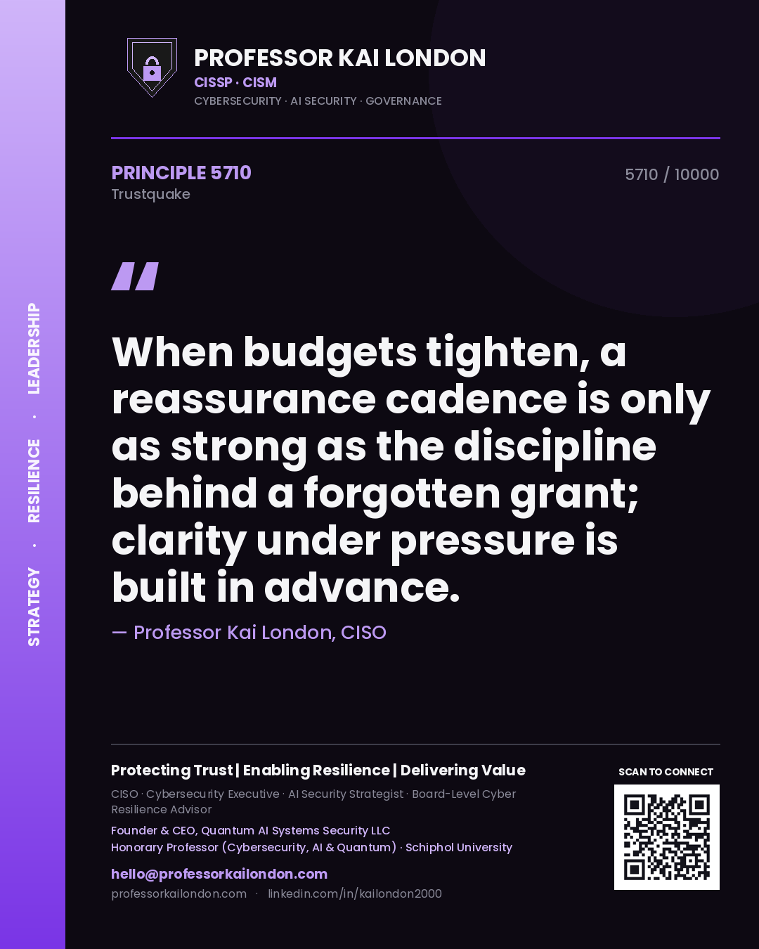 Quote card by Professor Kai London reading 'When budgets tighten, a reassurance cadence is only as strong as the discipline behind a forgotten grant; clarity under pressure is built in advance.'. From the book Trustquake.