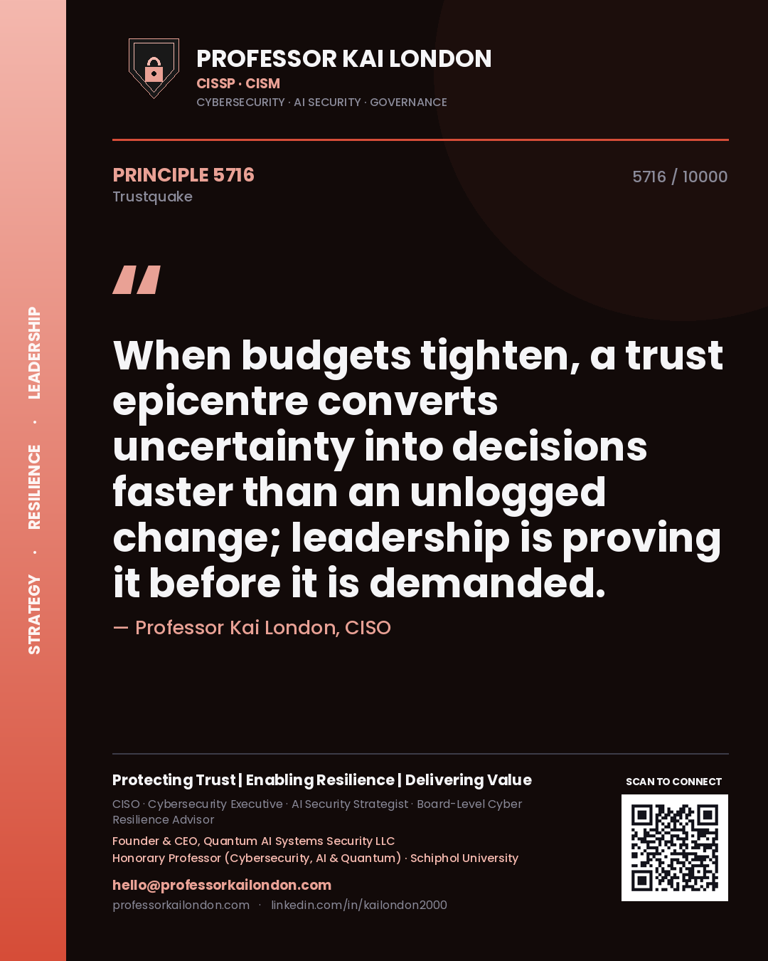 Professor Kai London principle 5716: When budgets tighten, a trust epicentre converts uncertainty into decisions faster than an unlogged change; leadership is proving it before it is demanded.