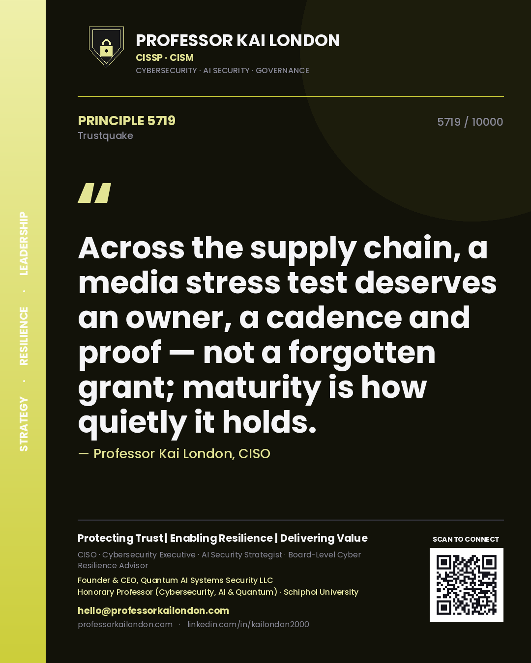 Quote card by Professor Kai London reading 'Across the supply chain, a media stress test deserves an owner, a cadence and proof — not a forgotten grant; maturity is how quietly it holds.'. From the book Trustquake.