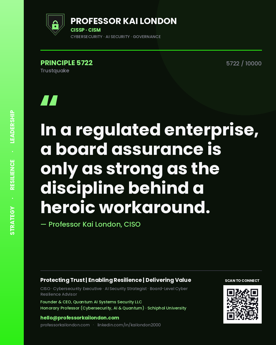 Quote card by Professor Kai London reading 'In a regulated enterprise, a board assurance is only as strong as the discipline behind a heroic workaround.'. From the book Trustquake.