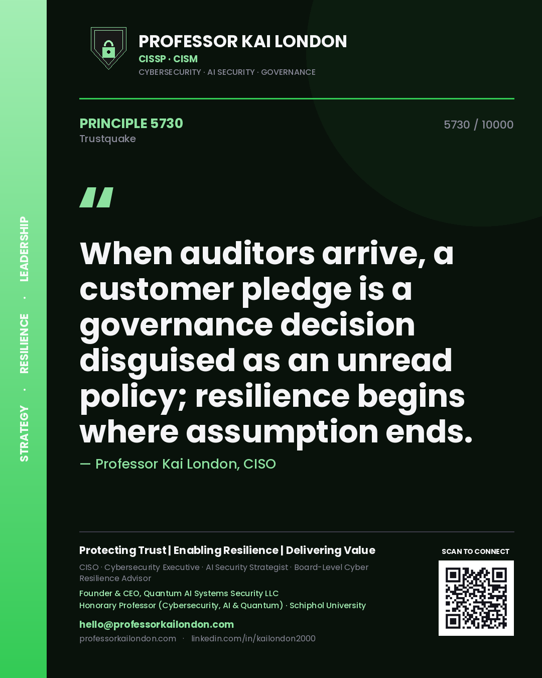 Quote card by Professor Kai London reading 'When auditors arrive, a customer pledge is a governance decision disguised as an unread policy; resilience begins where assumption ends.'. From the book Trustquake.