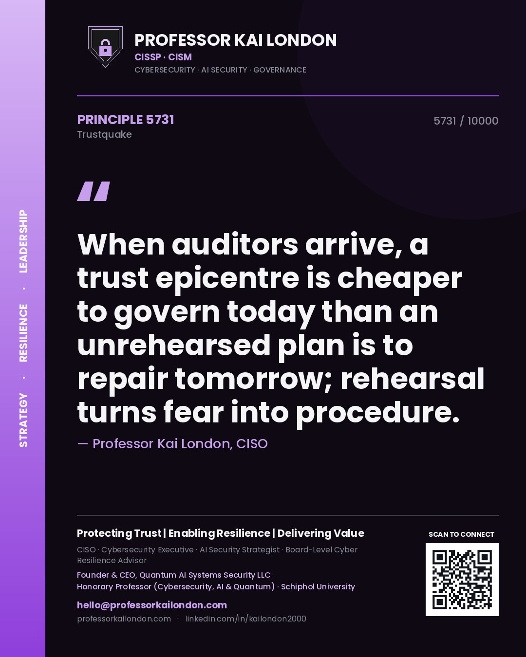 Professor Kai London principle 5731: When auditors arrive, a trust epicentre is cheaper to govern today than an unrehearsed plan is to repair tomorrow; rehearsal turns fear into procedure.
