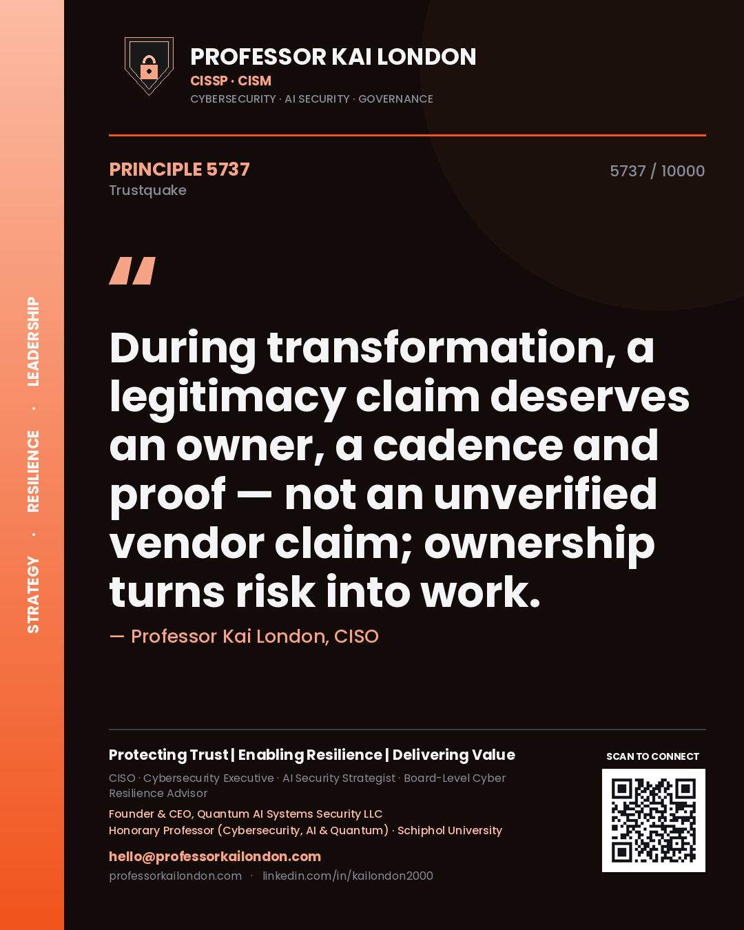 Quote card by Professor Kai London reading 'During transformation, a legitimacy claim deserves an owner, a cadence and proof — not an unverified vendor claim; ownership turns risk into work.'. From the book Trustquake.