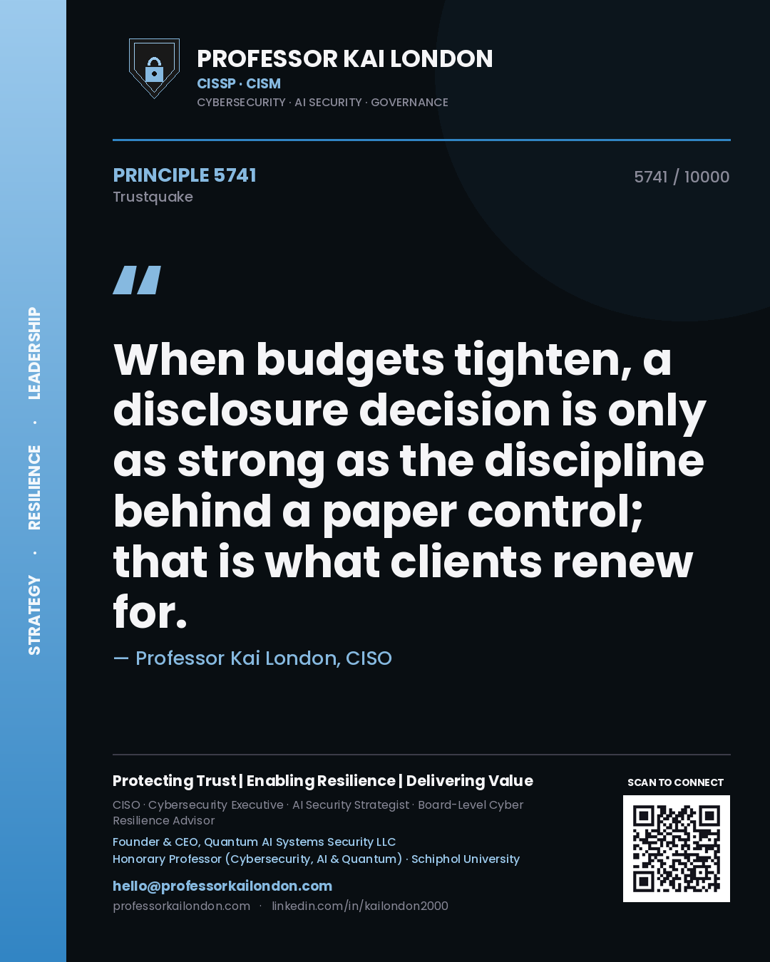 Professor Kai London principle 5741: When budgets tighten, a disclosure decision is only as strong as the discipline behind a paper control; that is what clients renew for.