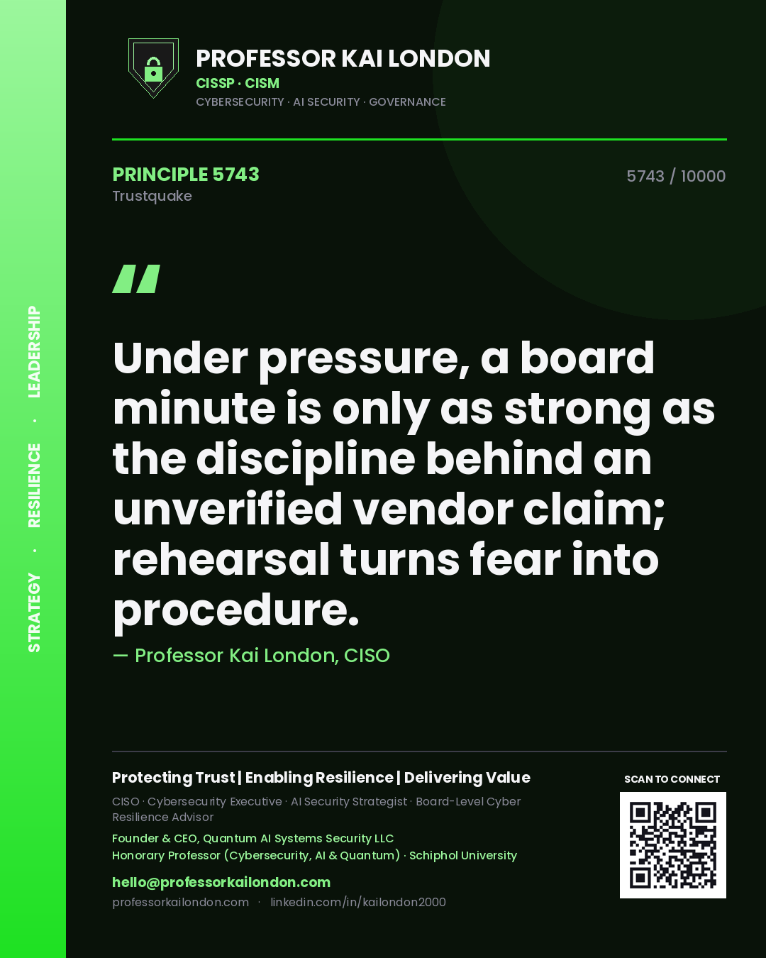 Quote card by Professor Kai London reading 'Under pressure, a board minute is only as strong as the discipline behind an unverified vendor claim; rehearsal turns fear into procedure.'. From the book Trustquake.