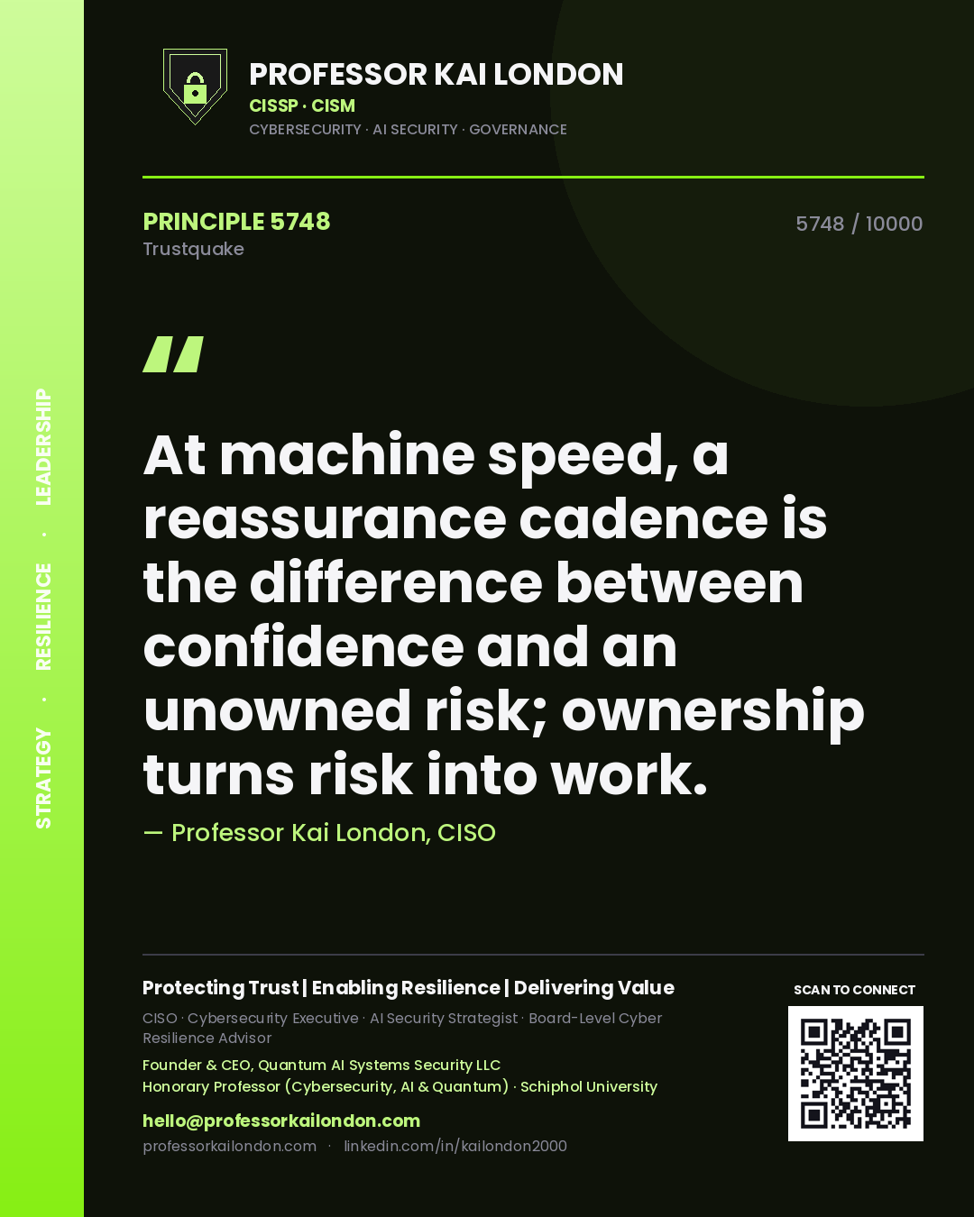 Quote card by Professor Kai London reading 'At machine speed, a reassurance cadence is the difference between confidence and an unowned risk; ownership turns risk into work.'. From the book Trustquake.